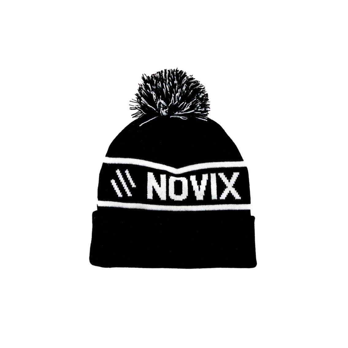 A black knit pom-pom beanie with a white horizontal stripe across the front featuring the brand name 'NOVIX' in white, shown on a solid white background.