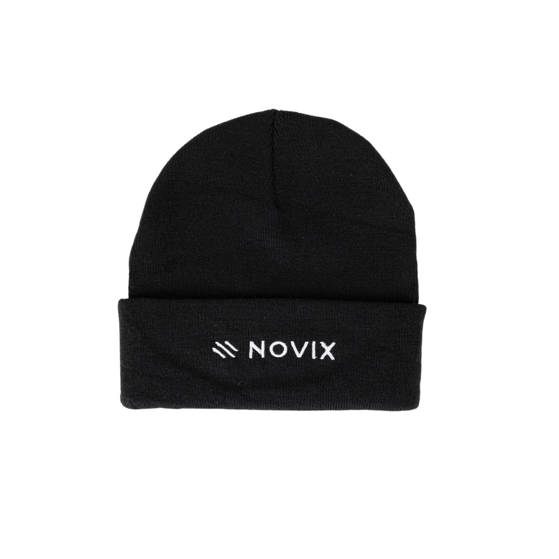 A black knit beanie with a folded cuff featuring the white 'NOVIX' brand logo, centered on a plain white background.